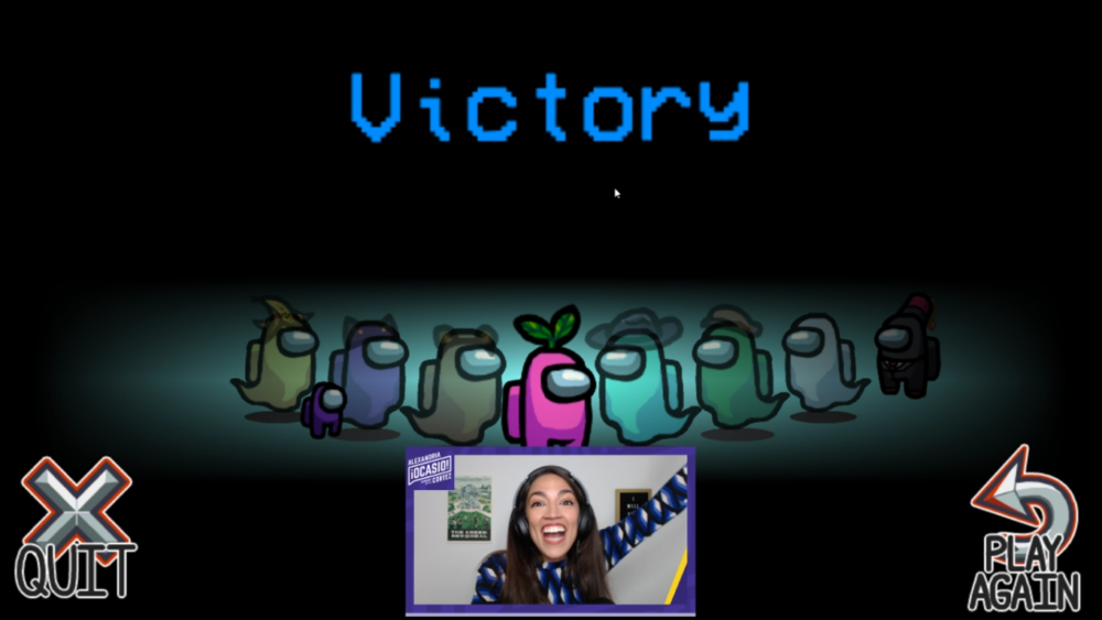 AOC celebrates a victory in Among Us during her Twitch stream