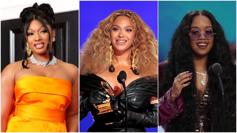 2021 Grammy Awards Winnters Beyonce, Megan Thee Stallion, and H.E.R.