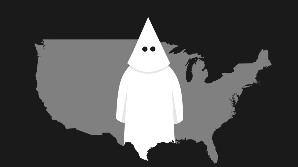 Person with costume and mask typical for member of far-right movement is standing in the United States of America. Metaphor of rise of extremism and racism USA