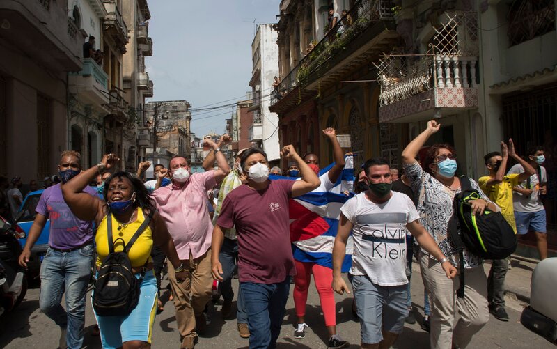 Anti-government protesters march in Havana, Cuba