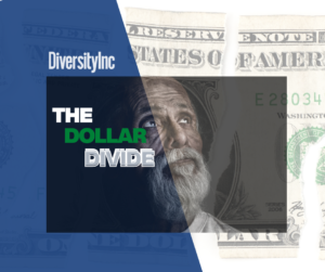 Old Hispanic man looking sadly at the ceiling, Dollar Divide logo