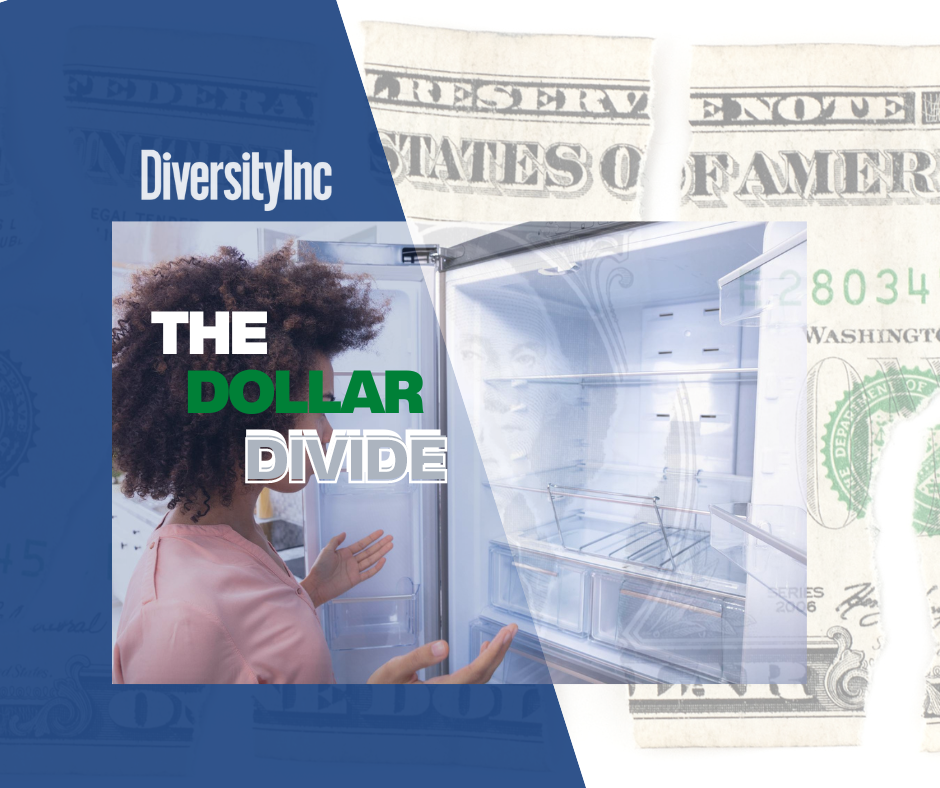 Dollar Divide logo with a Black woman looking at an empty refigerator